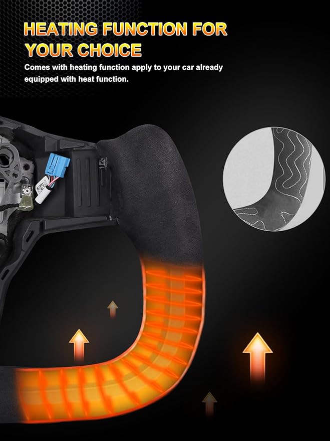 ZIMABLUE Yoke Steering Wheel Personalized Yoke Steering Wheel Suede Leather with Side Glossy Carbon Fiber without Front Trim for Tesla Model 3 2017-2023, Model Y 2019-2024 With Heating Function
