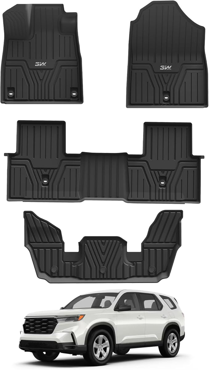 3W Floor Mats Fit for 2026 2025 2024 2023 Honda Pilot, Custom Fit Floor Liner for 1st 2nd and 3rd Row Full Set TPE All-Weather Car Liners, Black