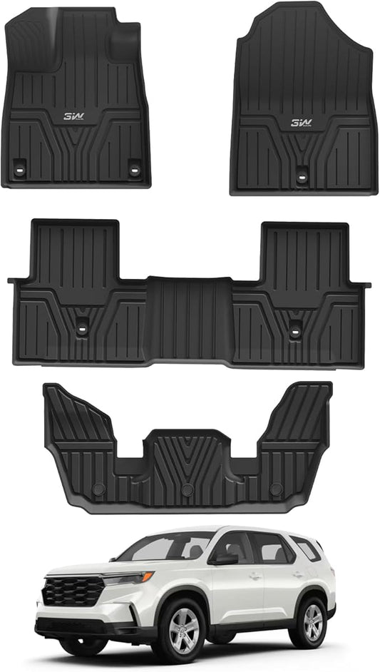 3W Floor Mats Fit for 2026 2025 2024 2023 Honda Pilot, Custom Fit Floor Liner for 1st 2nd and 3rd Row Full Set TPE All-Weather Car Liners, Black