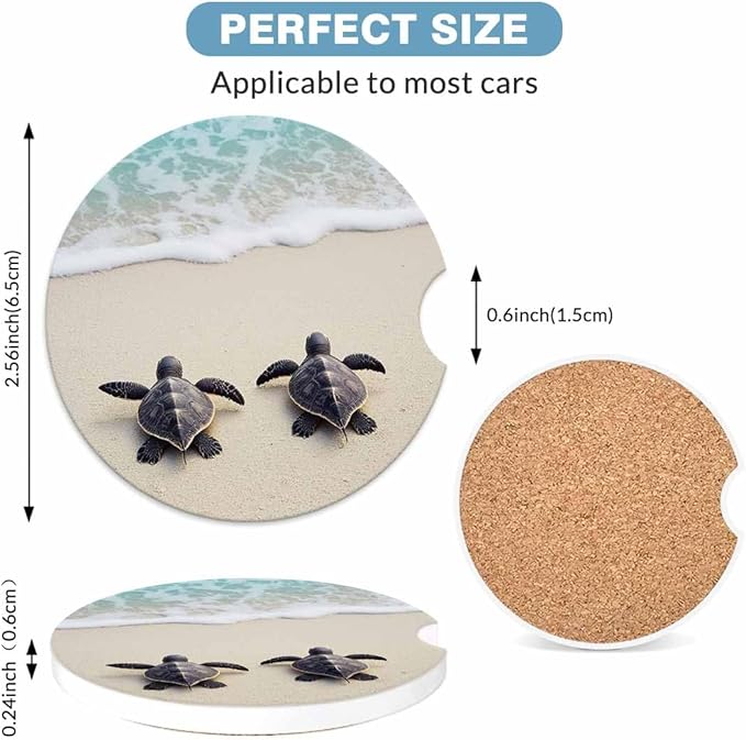 Sea Turtles 2 Pack Car Cup Holder Coaster on The Beach Anti Slip Insert Absorbent Ceramic Car Coaster with Cork Base and Finger Notch Cute Car Accessories Interior for Women Men