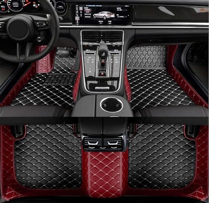 Errva Custom Personalized Floor Mats for Cars，Luxury Full Coverage All Weather Car Floor Mats，Anti-Slip Leather Car Mat Set ，Custom Floor Mats for 98.99% of Cars, Trucks & SUVs (Wine red black1)
