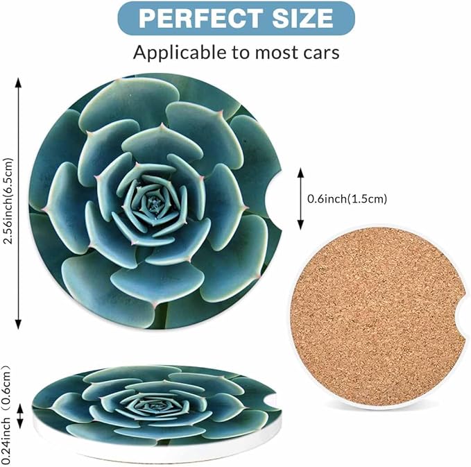 Green Plant Car Coasters for Cup Holders Cute Plump Rustic Car Cup Holder Coasters 2 Pack for Car, Anti Slip Ceramic Car Cup Mat with Finger Notch Cute Car Interior Accessories for Women Men