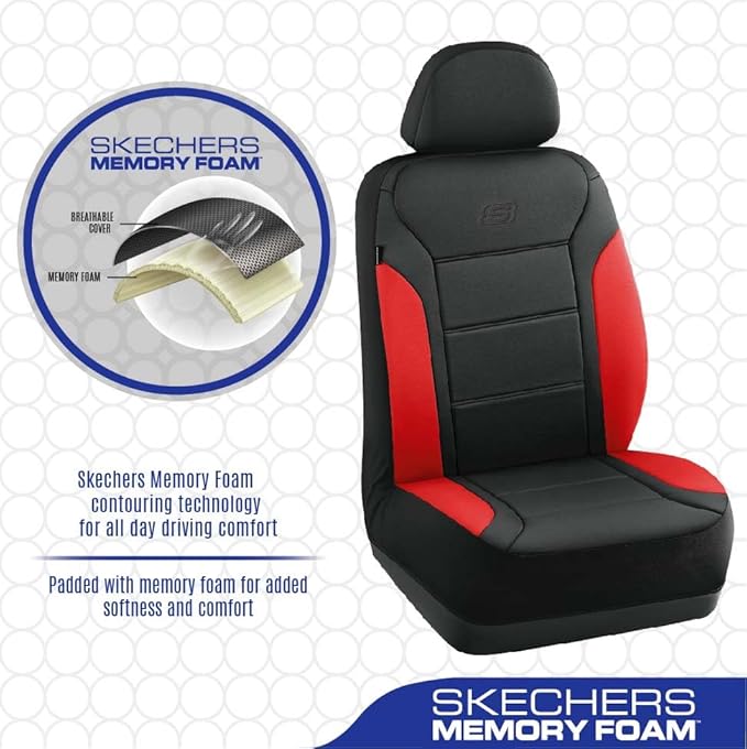 Skechers Memory Foam Car Seat Covers, Lycra Fabric Seat Covers, Car Seat Covers Front Seats Airbag Compatible,Automotive seat Covers for Most Cars,Trucks, SUV(Red)