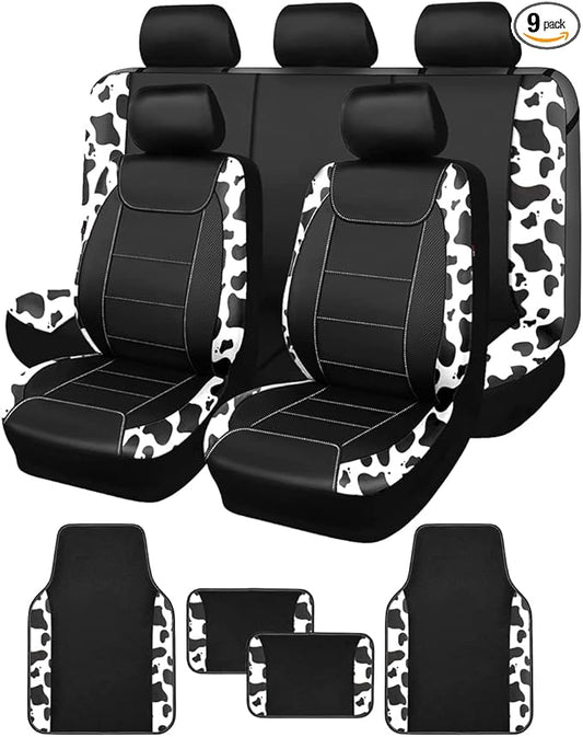 Flying Banner car seat Covers Protects Water Proof Faux Leather Carbon Fiber Fronts Rear Bench Covers (Cow Black, Full Set - Combo Pack)