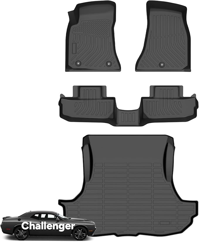 Wayhigh-for Dodge Challenger RWD 2015-2023 All Weather Floor Mats and Cargo Liner Set TPE Car Mats Waterproof Heavy Duty Rubber Floor Liners Challenger Accessories