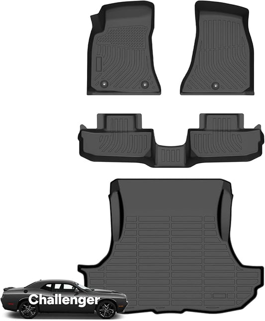 Wayhigh-for Dodge Challenger RWD 2015-2023 All Weather Floor Mats and Cargo Liner Set TPE Car Mats Waterproof Heavy Duty Rubber Floor Liners Challenger Accessories