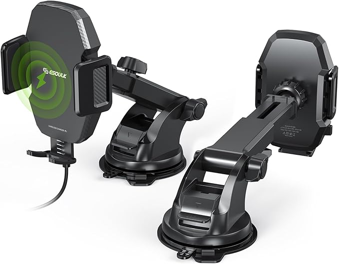 Esoulk Wireless Car Charger Phone Holder – 15W Fast Charging Holder with Auto Clamping, One-Touch Release, Dashboard & Windshield Mount – for iPhone 17/16/15/14/13 Pro Max, Samsung Galaxy S24/S23/S22