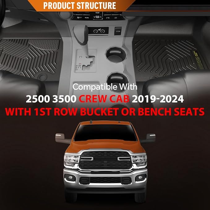 ANDPLAY TPE Floor Mats Liners 3PCS Compatible with Dodge Ram 2500 3500 Crew Cab 2019-2024 with 1st Row Bucket or Bench Seats All Weather Protection Black Floor Liners alfombras para carro