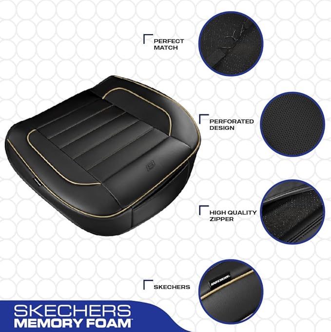 Skechers Car Seat Cover,Memory Foam Luxury Faux Leather Front Bottom Seat Cushion Cover,Universal Anti-Slip and Wrap Around The Bottom with Storage Bags,Suitable for Most Vehicles-1 Piece,Beige