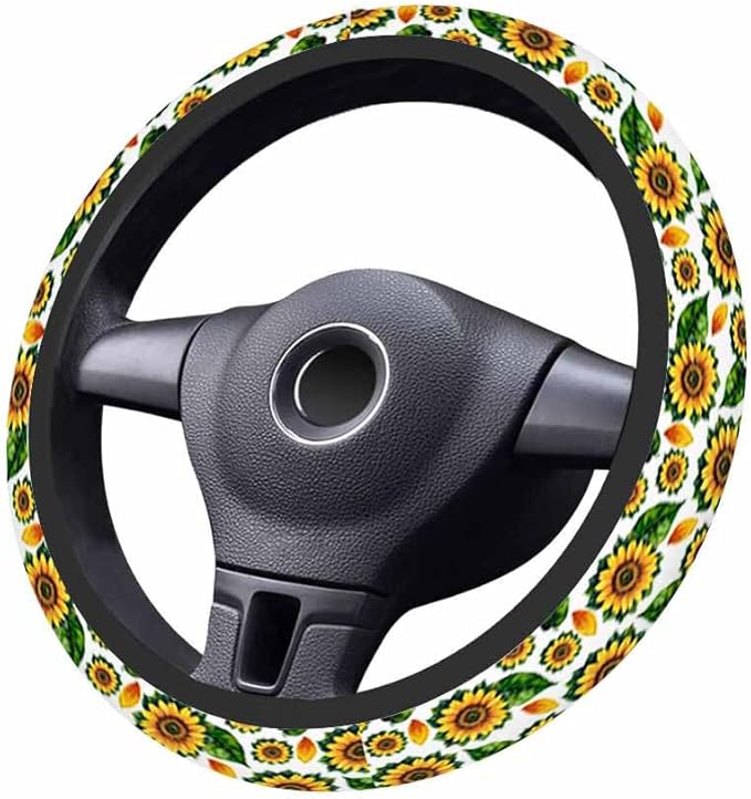 Watercolor Sunflower with Yellow Petals and Green Leaves Steering Wheel Cover Steering Wheel Cover Women Men Anti-Slip Breathable Steering Wheel Protector Car Accessories