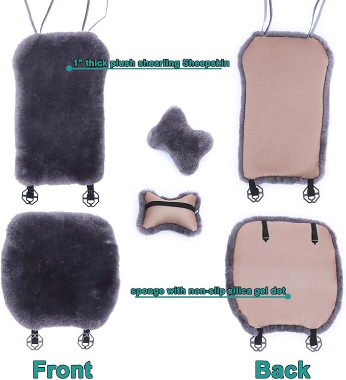 OGLAND Shearling Sheepskin Car Seat Cover-Fluffy Fuzzy Soft Fur Auto Seat Cushion for Universal Comy Seat Pad Accessories Automobiles (3 Pack Front, Misty Gray)