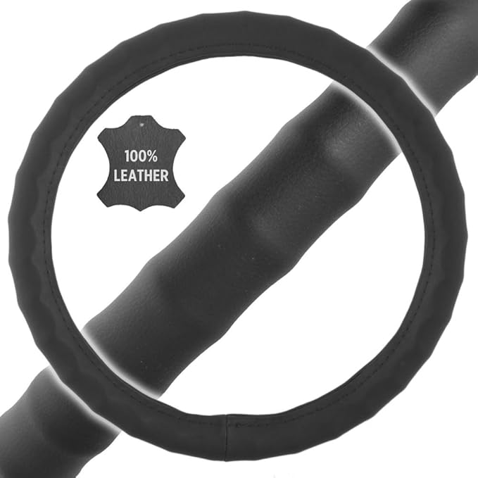 Motor Trend Ergonomic Grip Steering Wheel Cover/Protector for Small Size Steering Wheels in Cars, SUVs, Boats (13.5-14.5") (Genuine Leather (Black))