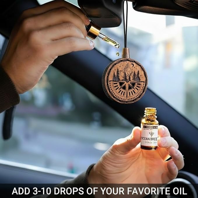 Wood Car Air Freshener — Compass Mountains — Handmade Unscented DIY Essential Oil Hanging Diffuser with Felt Insert — Add Your Own Oils — Refillable — Car/Truck/SUV — Cardboard Box