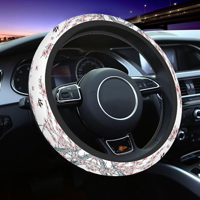 Plum Blossoms Steering Wheel Cover Branches and Pink Flowers Steering Wheel Cover for Women Men Anti-Slip Breathable Steering Wheel Protector Car Accessories