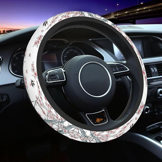 Plum Blossoms Steering Wheel Cover Branches and Pink Flowers Steering Wheel Cover for Women Men Anti-Slip Breathable Steering Wheel Protector Car Accessories