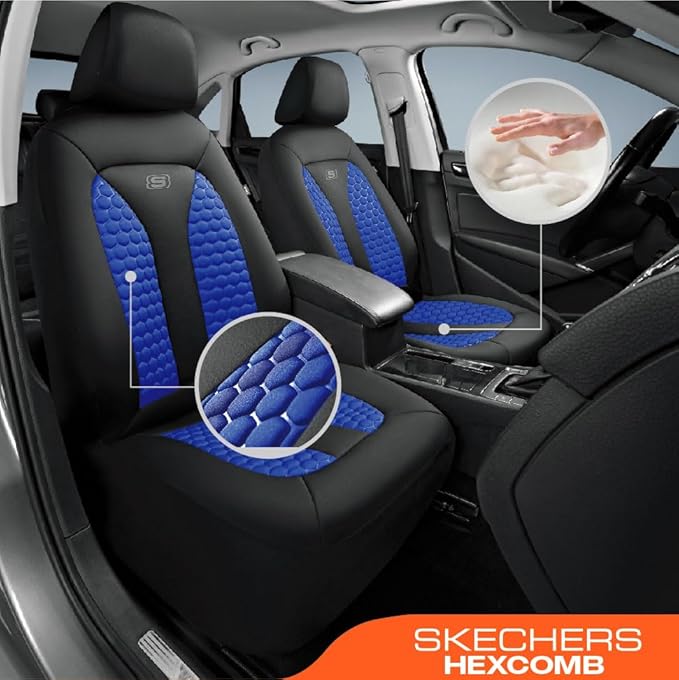 Skechers Memory Foam™ Car Seat Cover Full Sets, Hexcomb Breathable Thick Seat Covers, Airbag Compatible, Automotive Comfort & Protection for Most Cars,Van,Trucks, SUVs (Blue,Full Set)