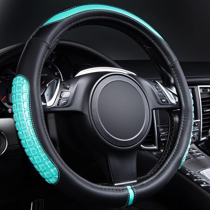 Flying Banner car Steering Wheel Cover Gel Massage Velvet Cool Warm Universal Size 15 inches SUV Truck Anti Slip Odorless Summer Winter (Black Mint Blue, Gel Massage)