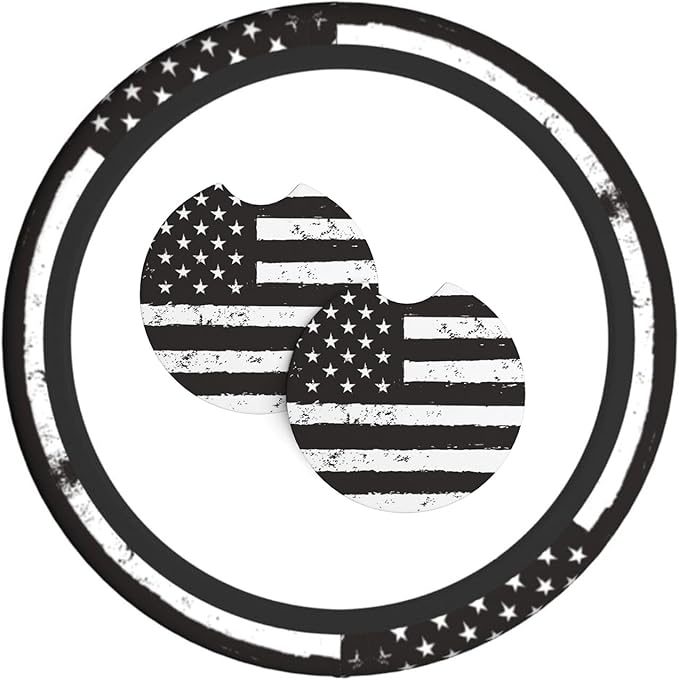 American Flag Steering Wheel Cover with 2 Car Coasters Non Slip Neoprene for Women Men Universal 15 Inch