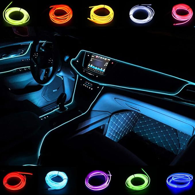 ABALDI Car Light El Wire Led Flexible Soft Tube Wire Lights Neon Glowing Car Rope Strip Light Xmas Decor DC 12V for Car 360 Degrees of Illumination(5m/16ft,Ice Blue)