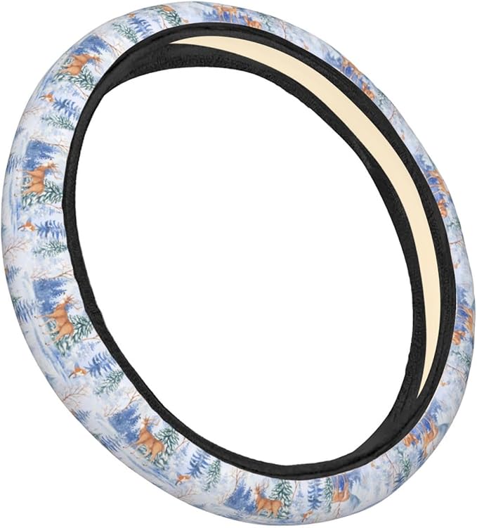 Dujiea Deer and Fox Elastic Stretch Steering Wheel Cover, Anti-Slip and Durable Car Steering Wheel Accessories for Women Men, 15 Inch Universal Fit Car, Truck, SUV