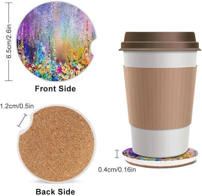 Purple Spring Floral Watercolor Absorbent Cup Holders Car Coasters,Ceramic Stone Drinks Coaster Set for Women Man 2.56"(2 Pack)