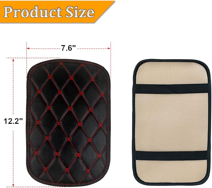 Auto Center Console Pad, PU Leather Car Center Console Box Cushion, Non Slip Soft Armrest Seat Box Cover, Waterproof Vehicle Armrest Protector for SUV, Truck, Car (Rhombic Lattice Black/Red)