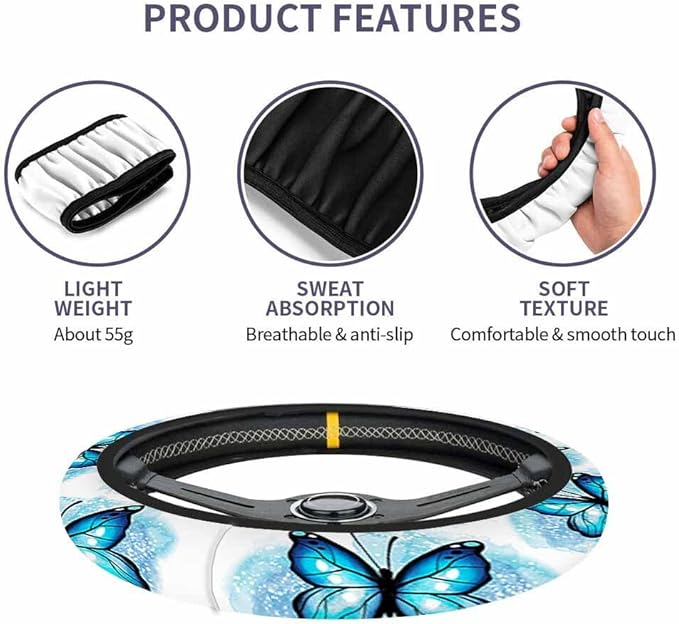 Watercolor Butterfly Steering Wheel Cover Butterfly with Black Edge Steering Wheel Cover for Women Men Anti-Slip Breathable Steering Wheel Protector Car Accessories
