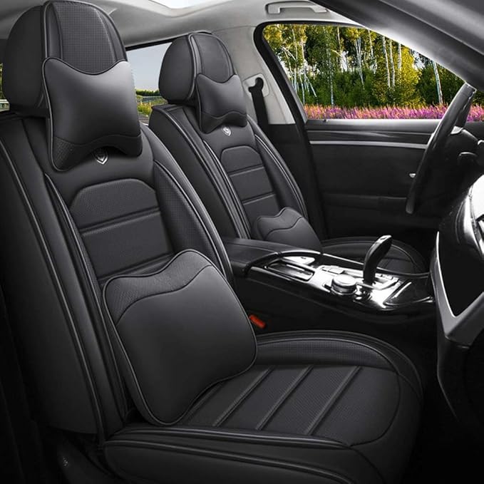 Leather Seat Covers,Waterproof Soft Seat Covers,Interior Accessories Seat Covers Cushion Vehicle Protector Airbag Compatible,Fits 95% of Vehicles(Classic Black,Full Set with Pillow)