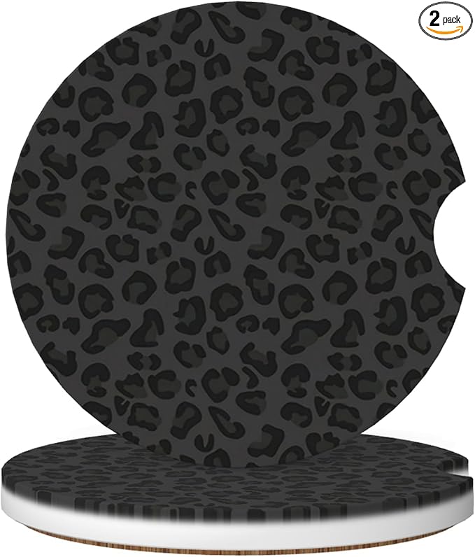 Absorbent Car Coasters for Cup Holders, 2 Pack Universal Anti Slip Ceramic Cup Coaster for Women Men 2.56 Inch Car Interior Accessories - Black Leopard Print 001