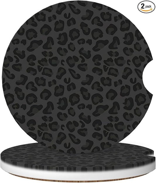 Absorbent Car Coasters for Cup Holders, 2 Pack Universal Anti Slip Ceramic Cup Coaster for Women Men 2.56 Inch Car Interior Accessories - Black Leopard Print 001