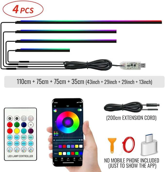 Ambient Lighting Car Led Lights Interior with APP, USB Powered Acrylic Neon Flexible Strip Fiber Optic LED Ambient Lighting kit,4 in 1 RGB Sound Active Music Lights Sync Car Decorations