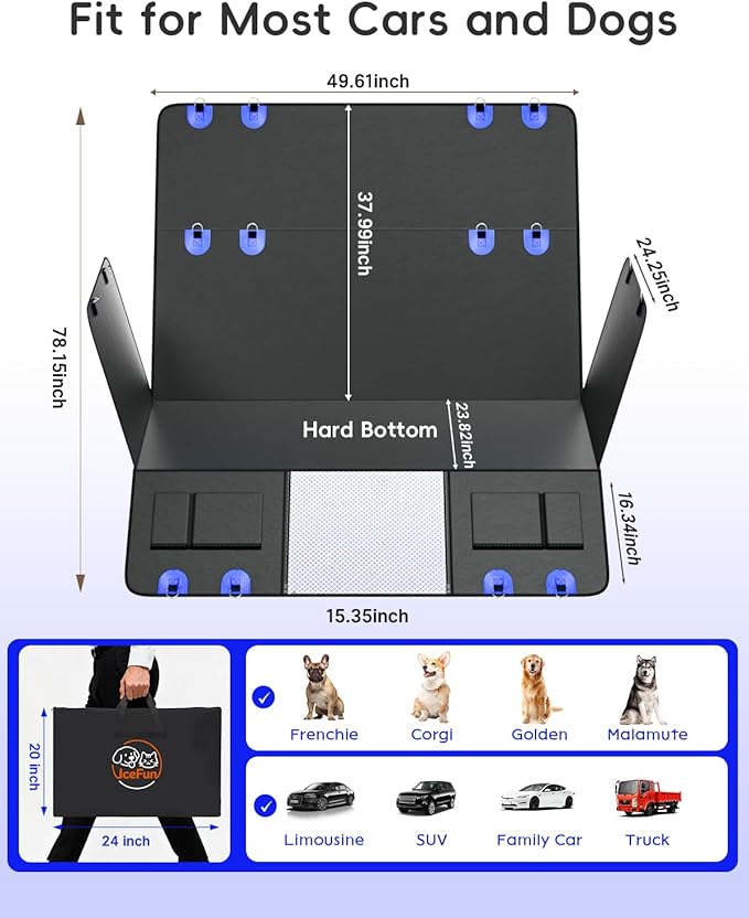 2-In-1 Convertible Hard Bottom Dog Hammock for Car, 100% Waterproof PU Leather Backseat Cover with Zipper Side Flaps, Non-Slip Extender for Large/Elderly Dogs & Multi-Dog Families,Fits SUV/Truck/Sedan