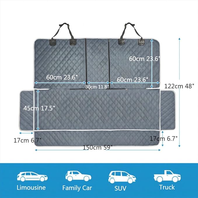 Grey Dog Car Seat Cover for Back Seat X-Large,Non-Stick Fur,Pet-Friendly and Waterproof - Universal Fit Interior Protector for Auto, Van, SUV - Ideal for Kids and Pets (X-Large)