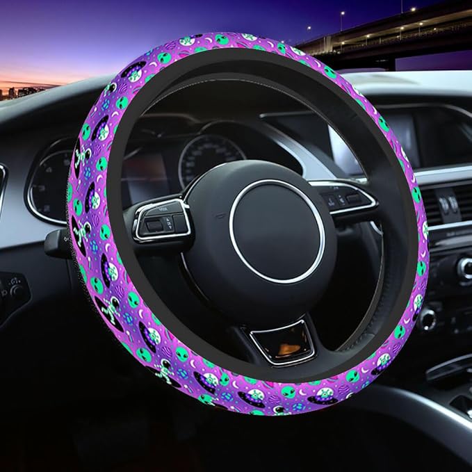 Astronauts and Aliens Car Steering Wheel Cover Travel and Exploration in Space Steering Wheel Cover Car Decor Suitable for Most Vehicles Including Trucks and SUV