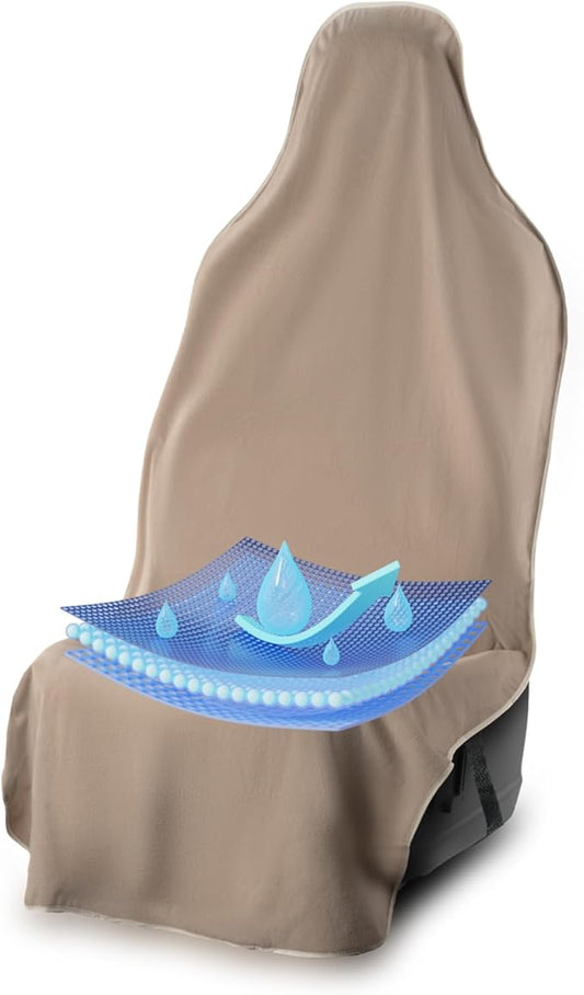 UltraSport Tan Front Seat Cover - Waterproof Car Seat Protector, Universal Fit, Washable, Soft Microfiber, Anti-Stink, Comfortable, Easy to Install