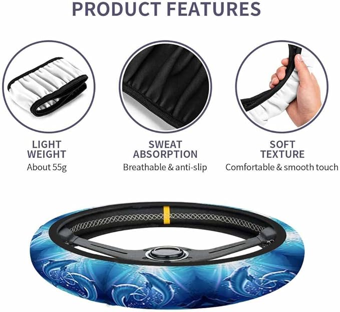 Dolphins Elastic Steering Wheel Cover Two Dolphins in The Blue Sea Steering Wheel Cover Anti Slip Protective Case Universal Stretch Steering Protector