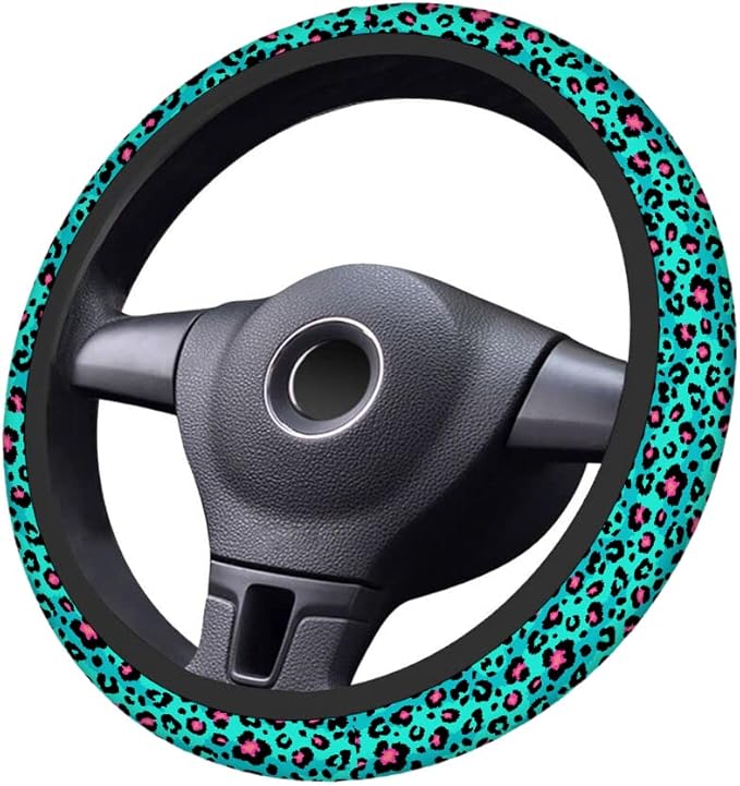 Swono Leopard Skin Steering Wheel Cover Abstract Blue Pink Leopard Spots Fur Anti-Slip Car Wheel Wrap Compatible with Most Auto Cars Trucks with 15 Inch Steering Wheels