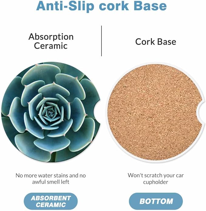 Green Plant Car Coasters for Cup Holders Cute Plump Rustic Car Cup Holder Coasters 2 Pack for Car, Anti Slip Ceramic Car Cup Mat with Finger Notch Cute Car Interior Accessories for Women Men