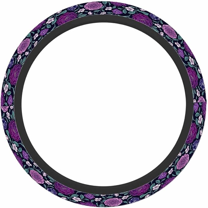 Peony Car Steering Wheel Cover Purple Flowers and Green Leaves Steering Wheel Cover Car Decor Suitable for Most Vehicles Including Trucks and SUV