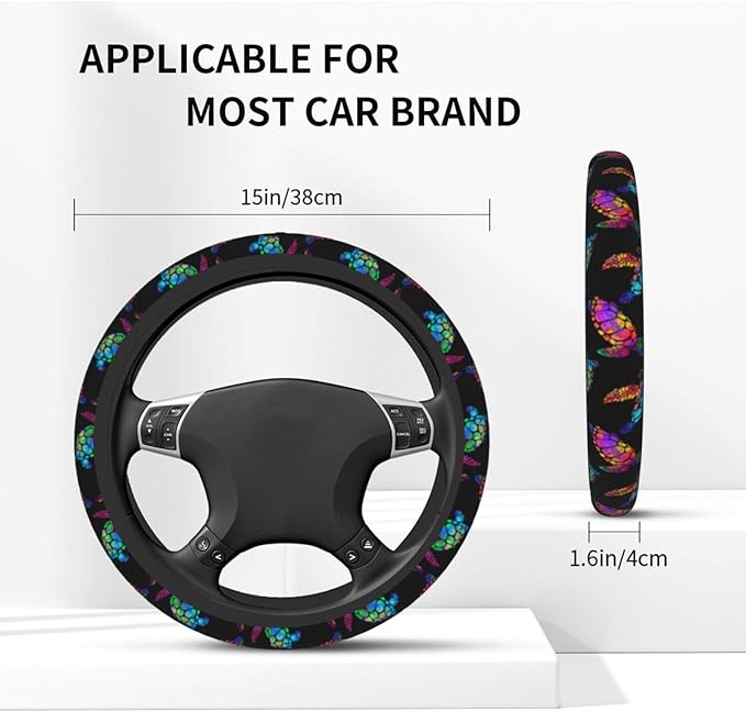 Sea Turtle Steering Wheel Cover with 2 Car Coasters Non Slip Neoprene for Women Men Universal 15 Inch