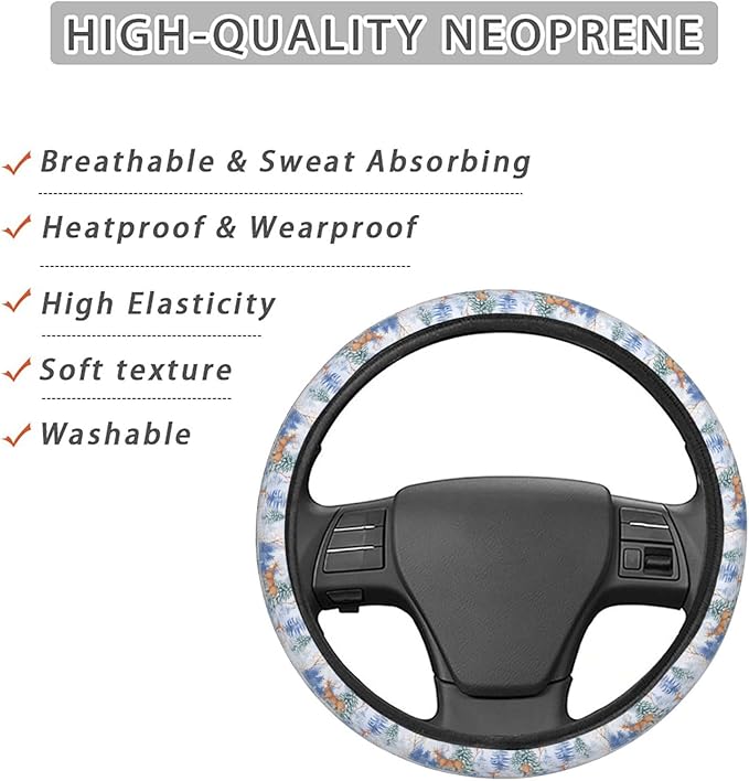 Dujiea Deer and Fox Elastic Stretch Steering Wheel Cover, Anti-Slip and Durable Car Steering Wheel Accessories for Women Men, 15 Inch Universal Fit Car, Truck, SUV