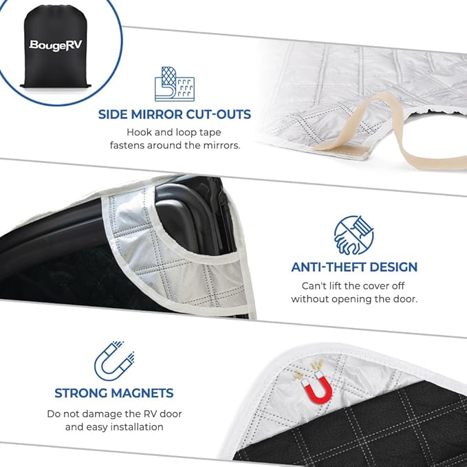 BougeRV RV Windshield Window Snow Cover for Class C Ford E450 1997-2025 Motorhome, Windshield Cover for Ice and Snow RV Front Window Sunshade Cover RV Accessories 4 Layers with Mirror Cutouts Silver