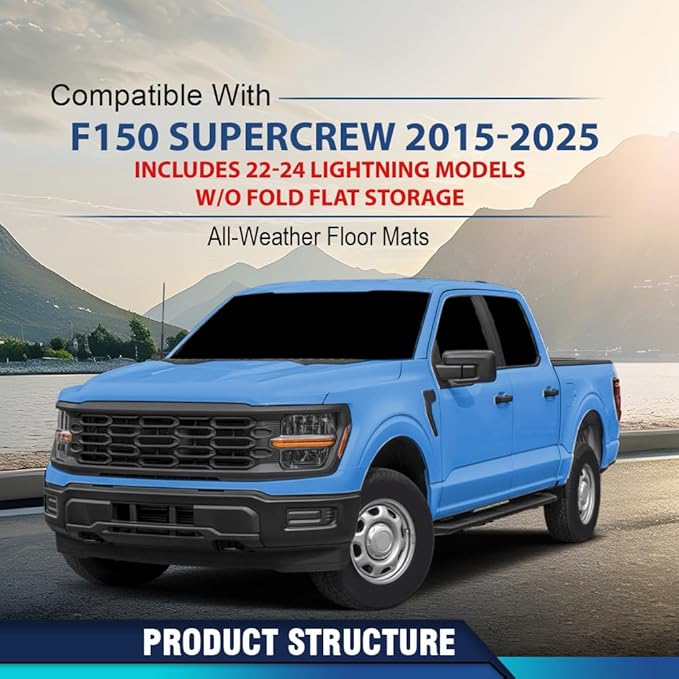 PIT66 Floor Mats Compatible with Ford F150 Super Crew 2015-2025 (Fit 22-24 Lightning Models) w/o Fold Flat Storage (Heavy Duty) 3-Piece All Weather TPE Cargo Liners