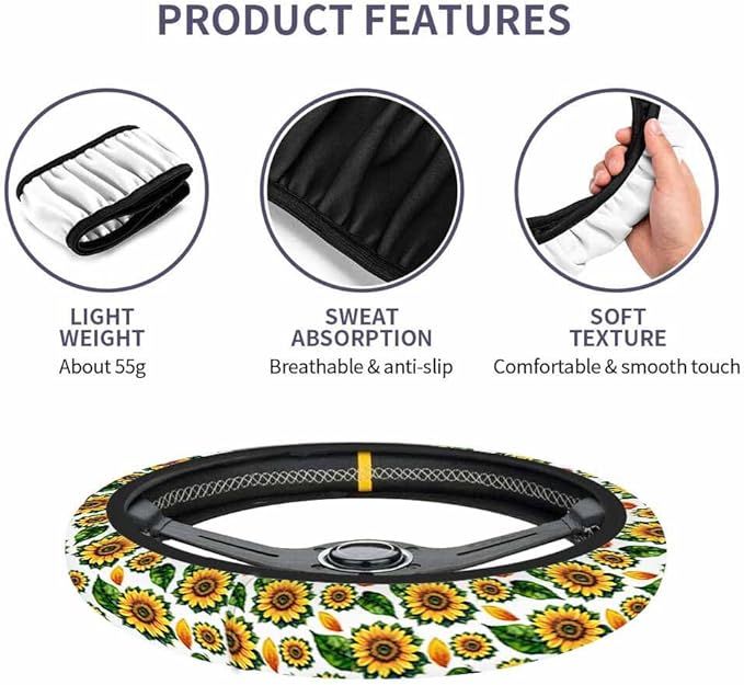 Watercolor Sunflower with Yellow Petals and Green Leaves Steering Wheel Cover Steering Wheel Cover Women Men Anti-Slip Breathable Steering Wheel Protector Car Accessories