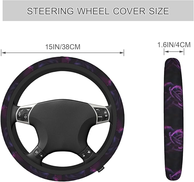 Purple Rose Car Steering Wheel Cover Dark Purple Roses Flower Universal Steering Wheel Protector Steering Wheel Covers Car Accessories for Women Men Neoprene Steering Wheel Cover 15 Inch