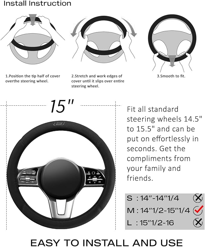 Skechers Steering Wheel Cover, Memory Foam Car Steering Wheel Covers,14.5-15inch Anti-Slip Safety Comfortable Design Universal Men Women Fits for 95% Truck,SUV,Cars(Black)