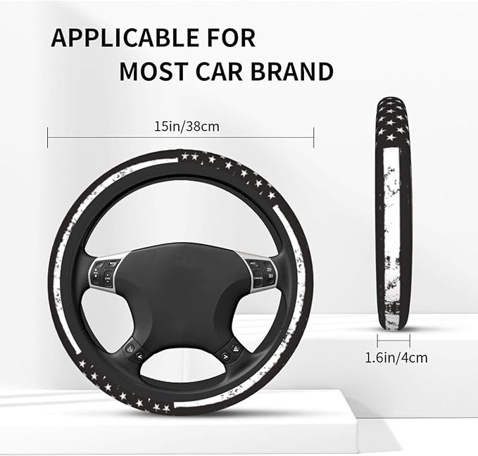 American Flag Steering Wheel Cover with 2 Car Coasters Non Slip Neoprene for Women Men Universal 15 Inch