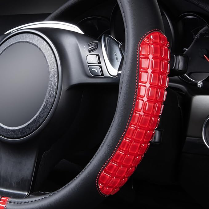 Flying Banner car Steering Wheel Cover Gel Massage Velvet Cool Warm Universal Size 15 inches SUV Truck Anti Slip Odorless Summer Winter (Black Red, Gel Massage)