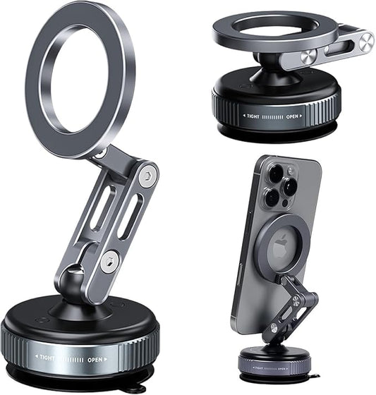 Vacuum Magnetic car Phone Mount,360° Joint Ball Adjustable Suction Cup Phone Mount for magsafe, Aluminum Alloy Telescopic Arm,Double-Sided Magnetic Phone Holder for Windshield Smooth Surface