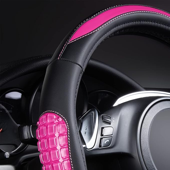 Flying Banner car Steering Wheel Cover Gel Massage Velvet Cool Warm Universal Size 15 inches SUV Truck Anti Slip Odorless Summer Winter (Black Pink, Gel Massage)